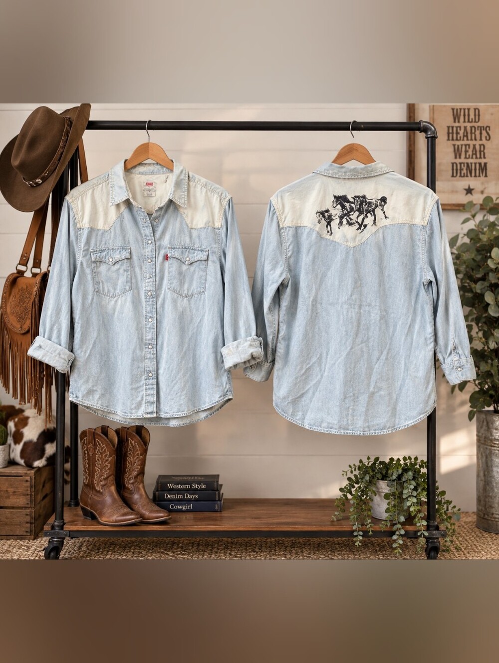 Levi's Light Blue Denim Western Shirt with Horse Print Yoke: Men's Size Large